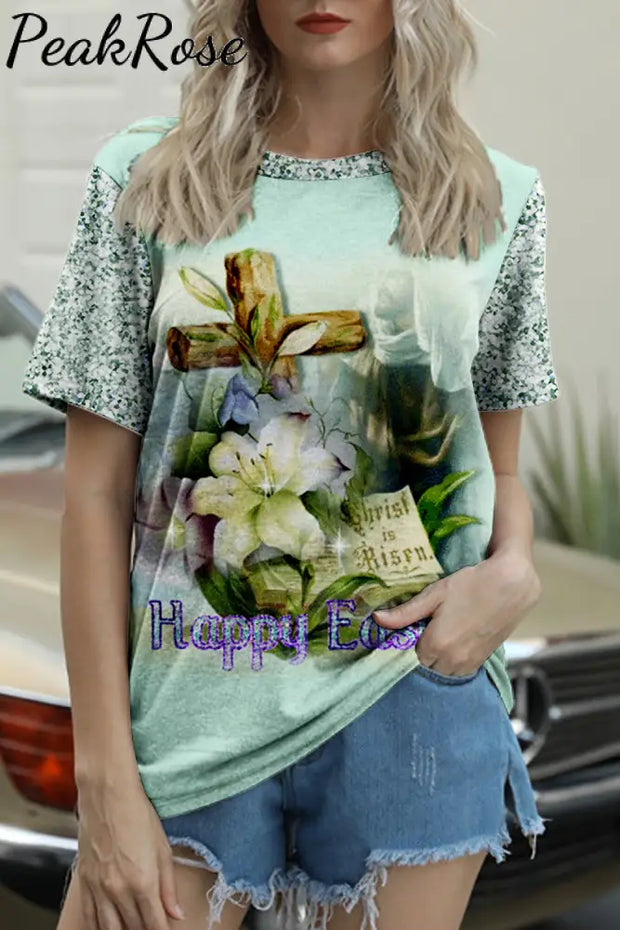 Glitter Happy Easter Cross & Lilies Round Neck T-Shirt T-Shirt