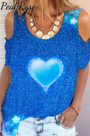 Glitter Heart Blue Sparkles Print Cold Shoulder T-Shirt S / T-Shirt