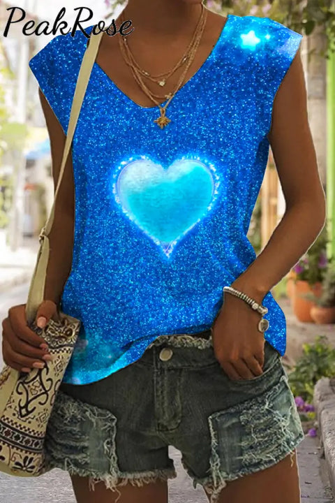 Glitter Heart Blue Sparkles Print Tank Top S / V-Neck