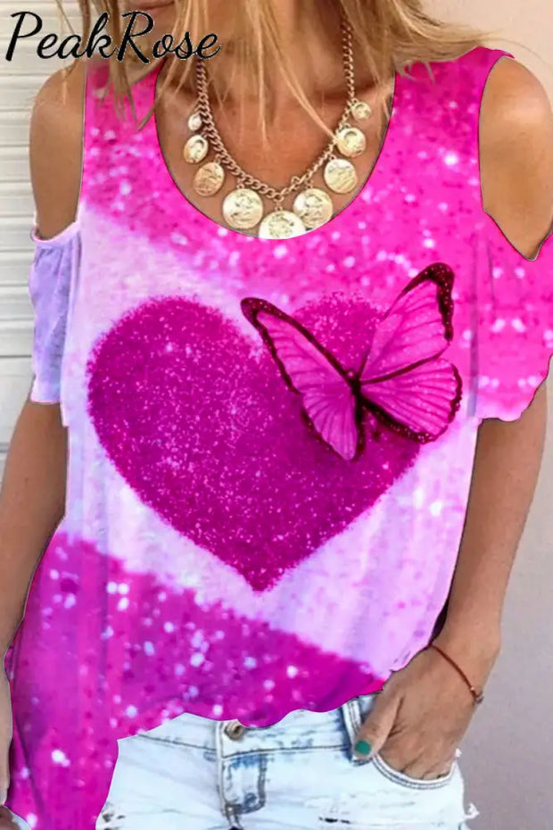 Glitter Heart Butterfly Sparkles Print Cold Shoulder T-Shirt T-Shirt