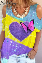 Glitter Heart Butterfly Sparkles Print Cold Shoulder T-Shirt T-Shirt