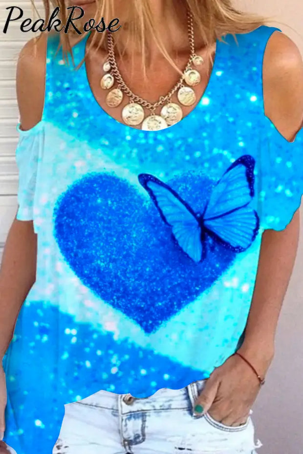 Glitter Heart Butterfly Sparkles Print Cold Shoulder T-Shirt T-Shirt