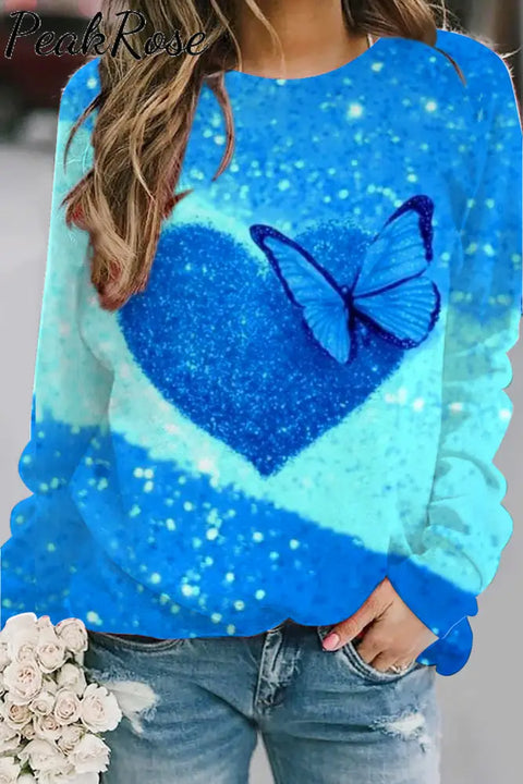 Glitter Heart Butterfly Sparkles Print Sweatshirt Blue / S