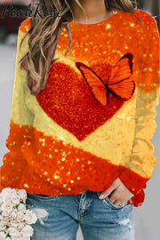 Glitter Heart Butterfly Sparkles Print Sweatshirt Orange / S