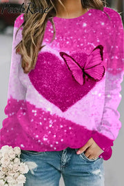 Glitter Heart Butterfly Sparkles Print Sweatshirt Pink / S