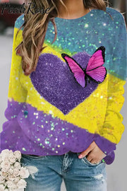 Glitter Heart Butterfly Sparkles Print Sweatshirt Purple / S