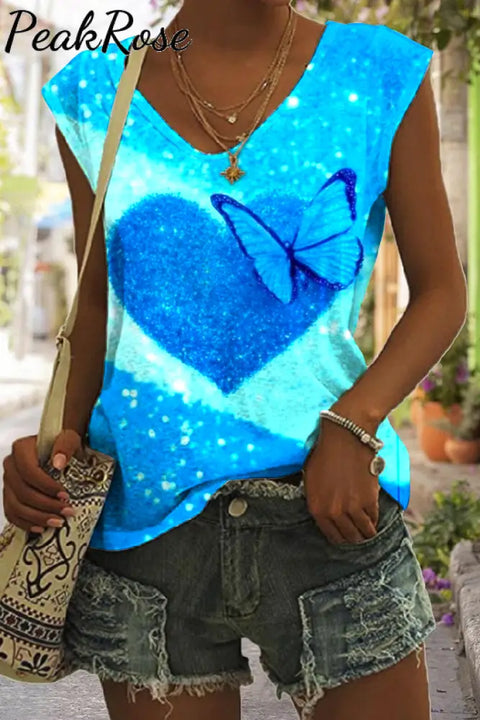 Glitter Heart Butterfly Sparkles Print Tank Top S / Blue V-Neck