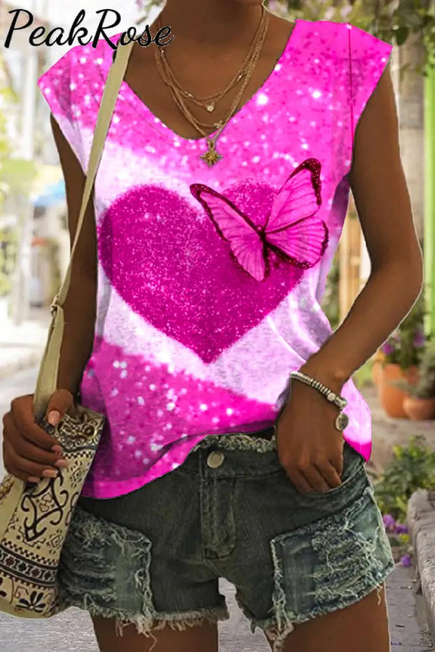 Glitter Heart Butterfly Sparkles Print Tank Top S / Pink V-Neck