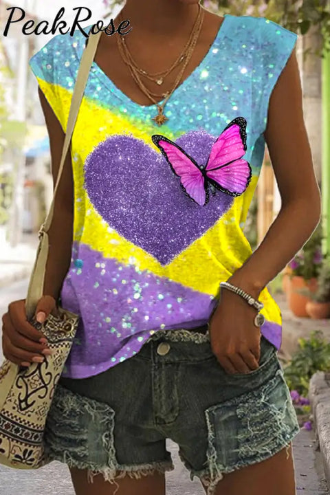 Glitter Heart Butterfly Sparkles Print Tank Top S / Purple V-Neck