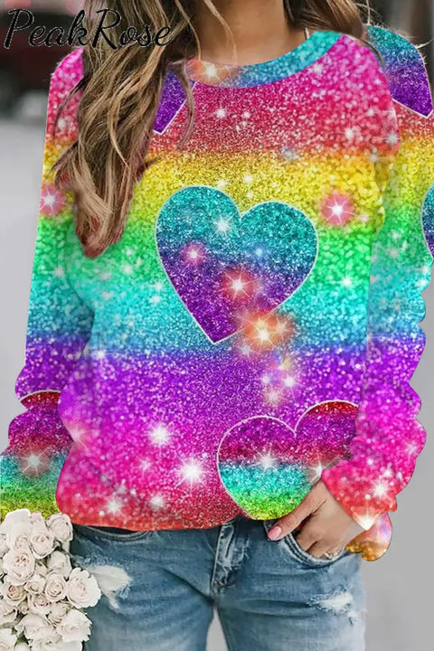 Glitter Heart Colorful Rainbow Sparkles Print Sweatshirt