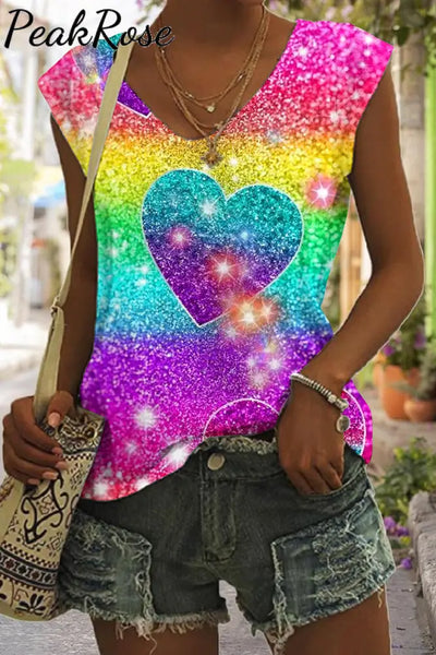 Glitter Heart Colorful Rainbow Sparkles Print Tank Top S / V-Neck