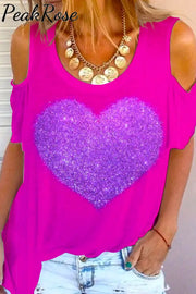 Glitter Heart Print Cold Shoulder T-Shirt T-Shirt