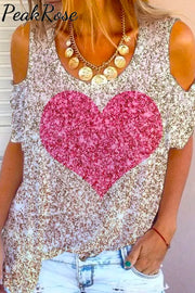 Glitter Heart Print Cold Shoulder T-Shirt T-Shirt