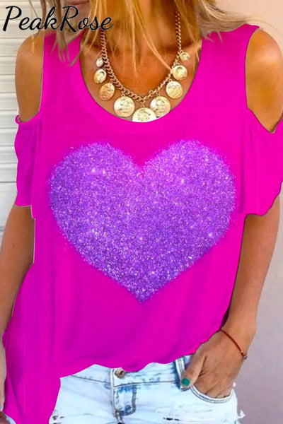 Glitter Heart Print Cold Shoulder T-Shirt S / Photo Color T-Shirt