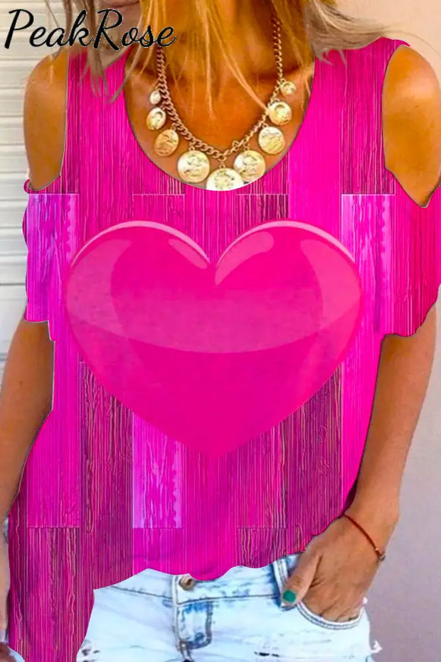 Glitter Heart Print Cold Shoulder T-Shirt S / Photo Color T-Shirt