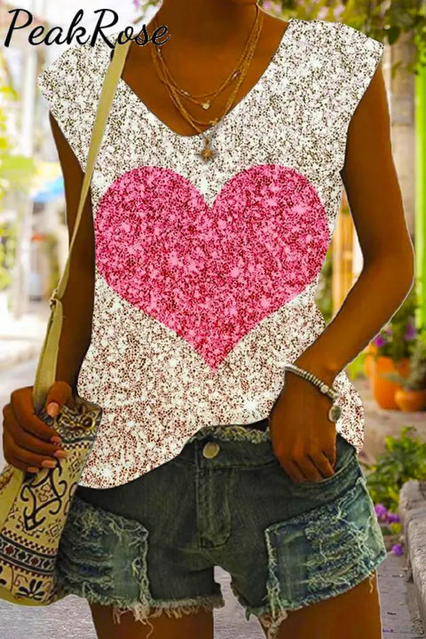 Glitter Heart Print Tank Top S / Photo Color V-Neck