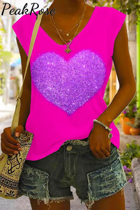 Glitter Heart Print Tank Top S / Photo Color V-Neck