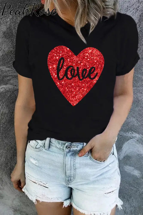 Glitter Heart-Shape Print T-Shirt S / Black T-Shirt