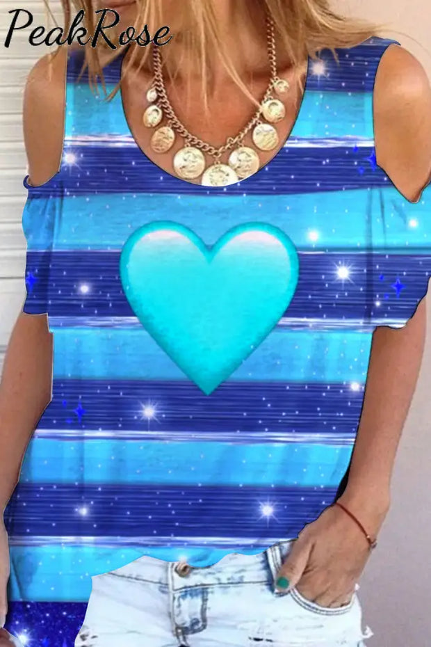 Glitter Heart Sparkles Blue Striped Print Cold Shoulder T-Shirt T-Shirt