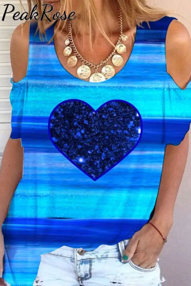 Glitter Heart Sparkles Blue Striped Print Cold Shoulder T-Shirt T-Shirt