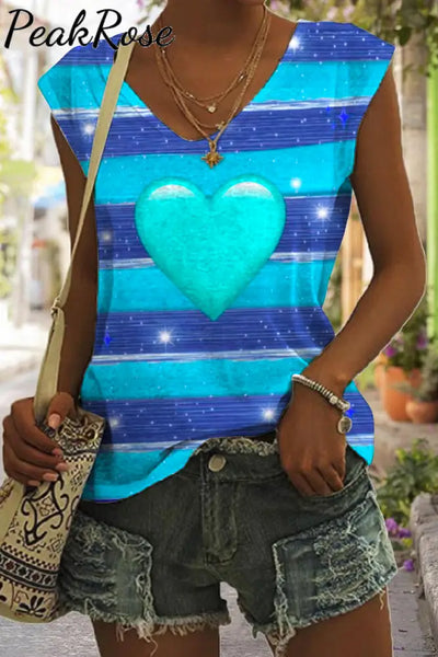 Glitter Heart Sparkles Blue Striped Print Tank Top S / V-Neck