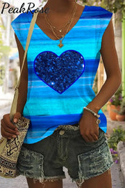 Glitter Heart Sparkles Blue Striped Print Tank Top S / V-Neck