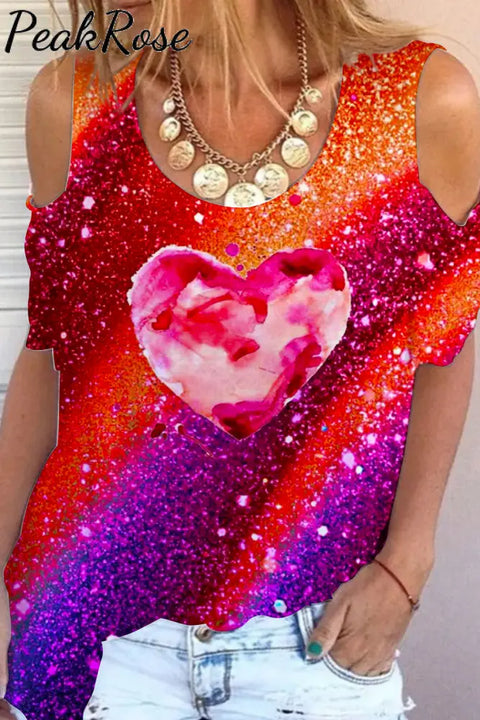 Glitter Heart Sparkles Print Cold Shoulder T-Shirt T-Shirt