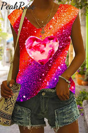 Glitter Heart Sparkles Print Tank Top S / Photo Color V-Neck