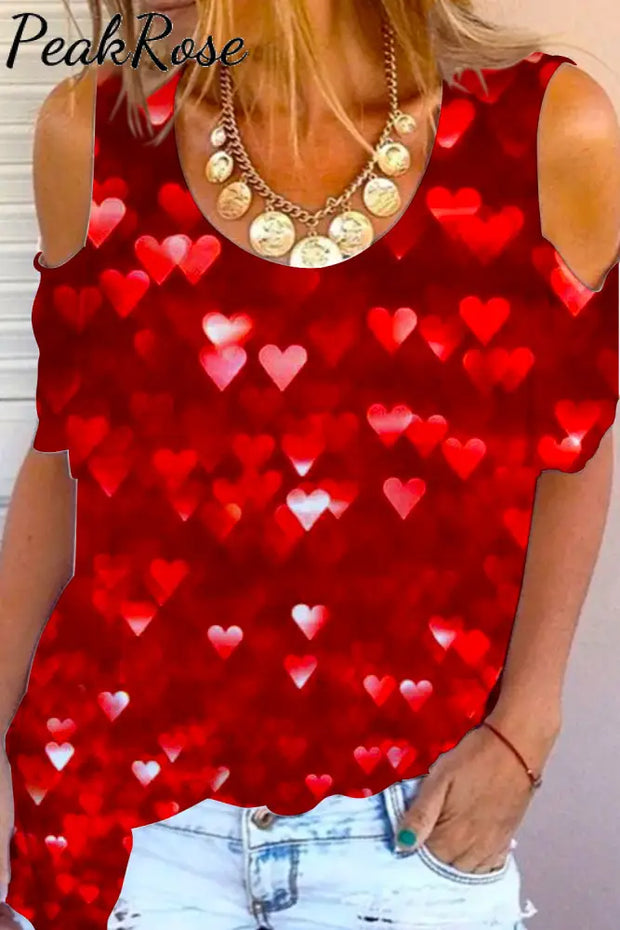 Glitter Hearts Print Cold Shoulder T-Shirt T-Shirt