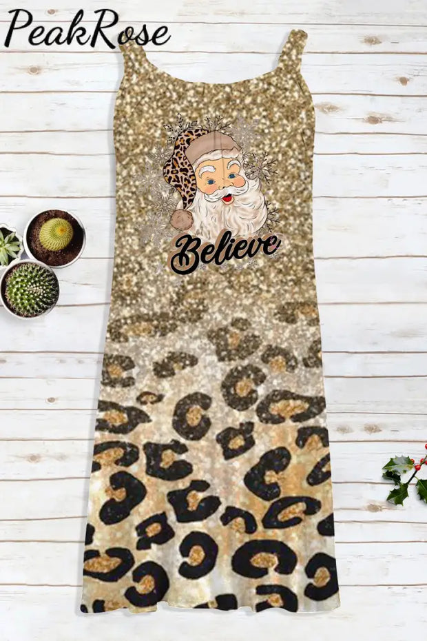 Glitter Leopard Christmas Believe Santa Sleeveless Dress