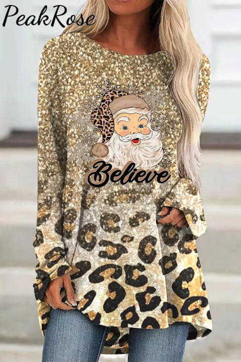 Glitter Leopard Christmas Believe Santa Tunic S / Golden