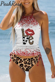 Glitter Leopard Love Print Bikini Swimsuit S / Red And