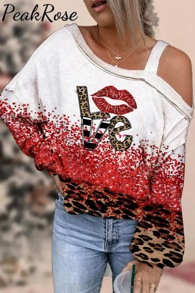 Glitter Leopard Love Print Off-Shoulder Blouse S / Red And