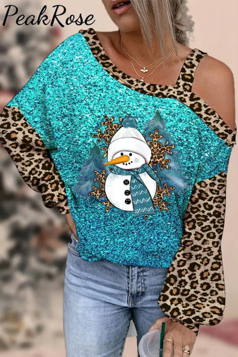 Glitter Leopard Showman Winter Print Off-Shoulder Blouse