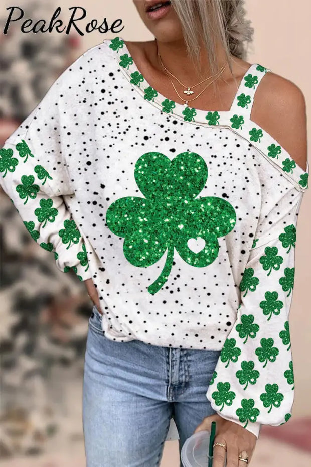 Glitter Lucky Clover St. Patrick’s Day Polka Dots Print Off-Shoulder Blouse