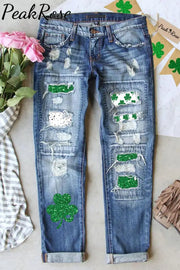 Glitter Lucky Clover St. Patrick’s Day Polka Dots Print Ripped Denim Jeans S