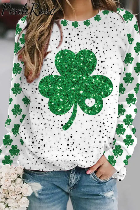 Glitter Lucky Clover St. Patrick’s Day Polka Dots Print Sweatshirt