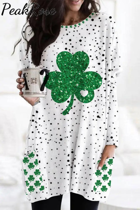 Glitter Lucky Clover St. Patrick’s Day Polka Dots Print Tunic With Pockets