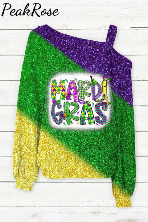 Glitter Mardi Gras Carnival Mask King Polka Bleached Print Off-Shoulder Blouse