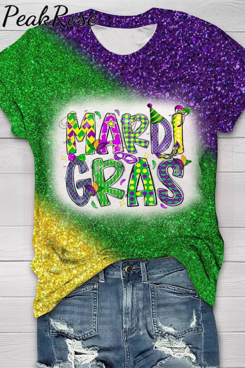 Glitter Mardi Gras Carnival Mask King Polka Bleached Print Round Neck Short Sleeve T-Shirt