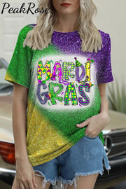 Glitter Mardi Gras Carnival Mask King Polka Bleached Print Round Neck Short Sleeve T-Shirt S /