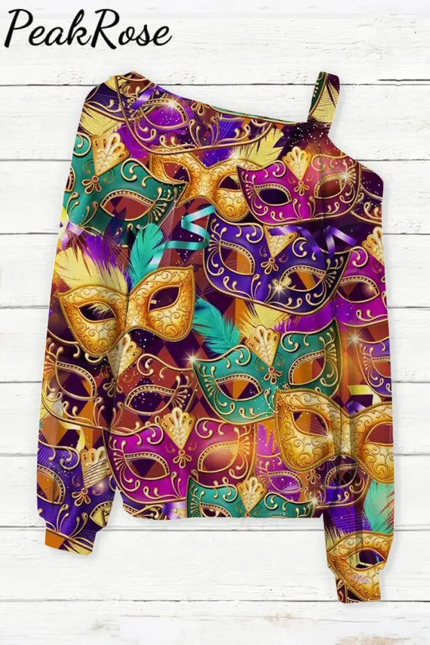 Glitter Mardi Gras Carnival Mask Print Off-Shoulder Blouse