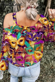 Glitter Mardi Gras Carnival Mask Print Off-Shoulder Blouse