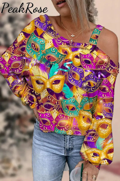 Glitter Mardi Gras Carnival Mask Print Off-Shoulder Blouse Multicolor / S