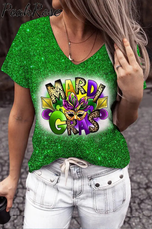 Glitter Mardi Gras Carnival Mask Print T-Shirt V Neck Short Sleeve T-Shirt