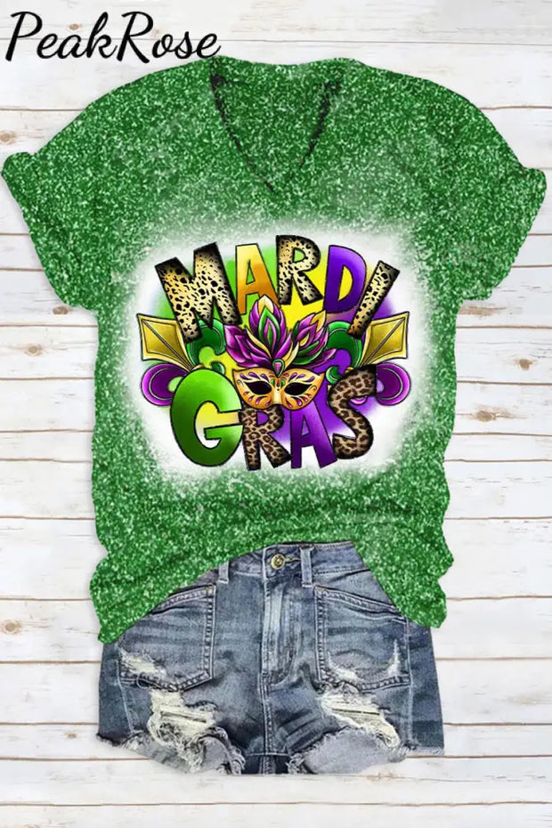 Glitter Mardi Gras Carnival Mask Print T-Shirt V Neck Short Sleeve T-Shirt Green / S