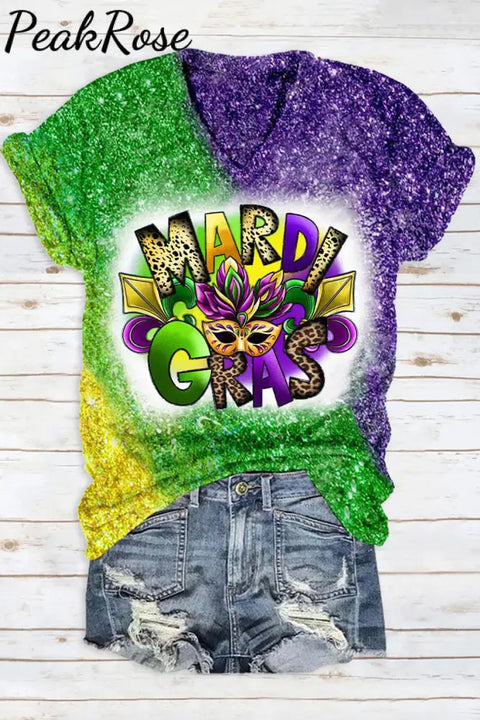 Glitter Mardi Gras Carnival Mask Print T-Shirt V Neck Short Sleeve T-Shirt Multi / S