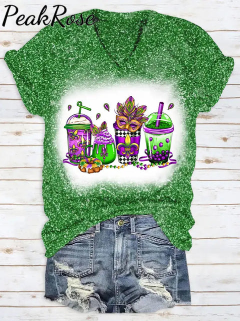 Glitter Mardi Gras Coffee Cups Mask King Cake Fleur De Lis Leopard Polka Print T-Shirt Green / S