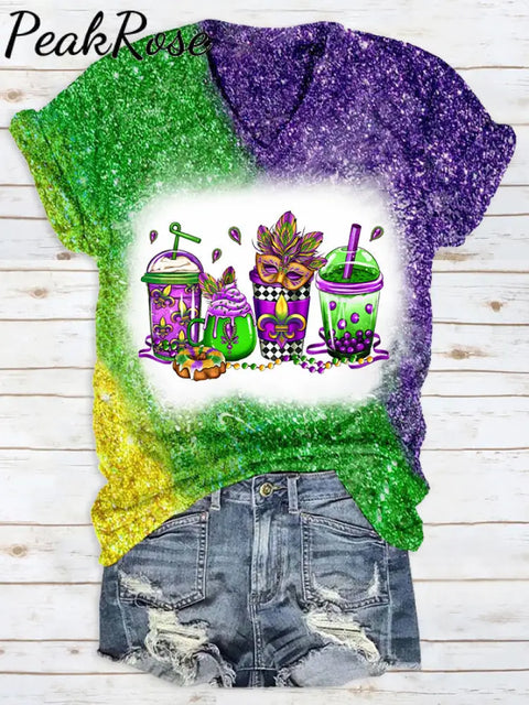 Glitter Mardi Gras Coffee Cups Mask King Cake Fleur De Lis Leopard Polka Print T-Shirt Multi / S