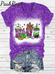 Glitter Mardi Gras Coffee Cups Mask King Cake Fleur De Lis Leopard Polka Print T-Shirt Purple / S